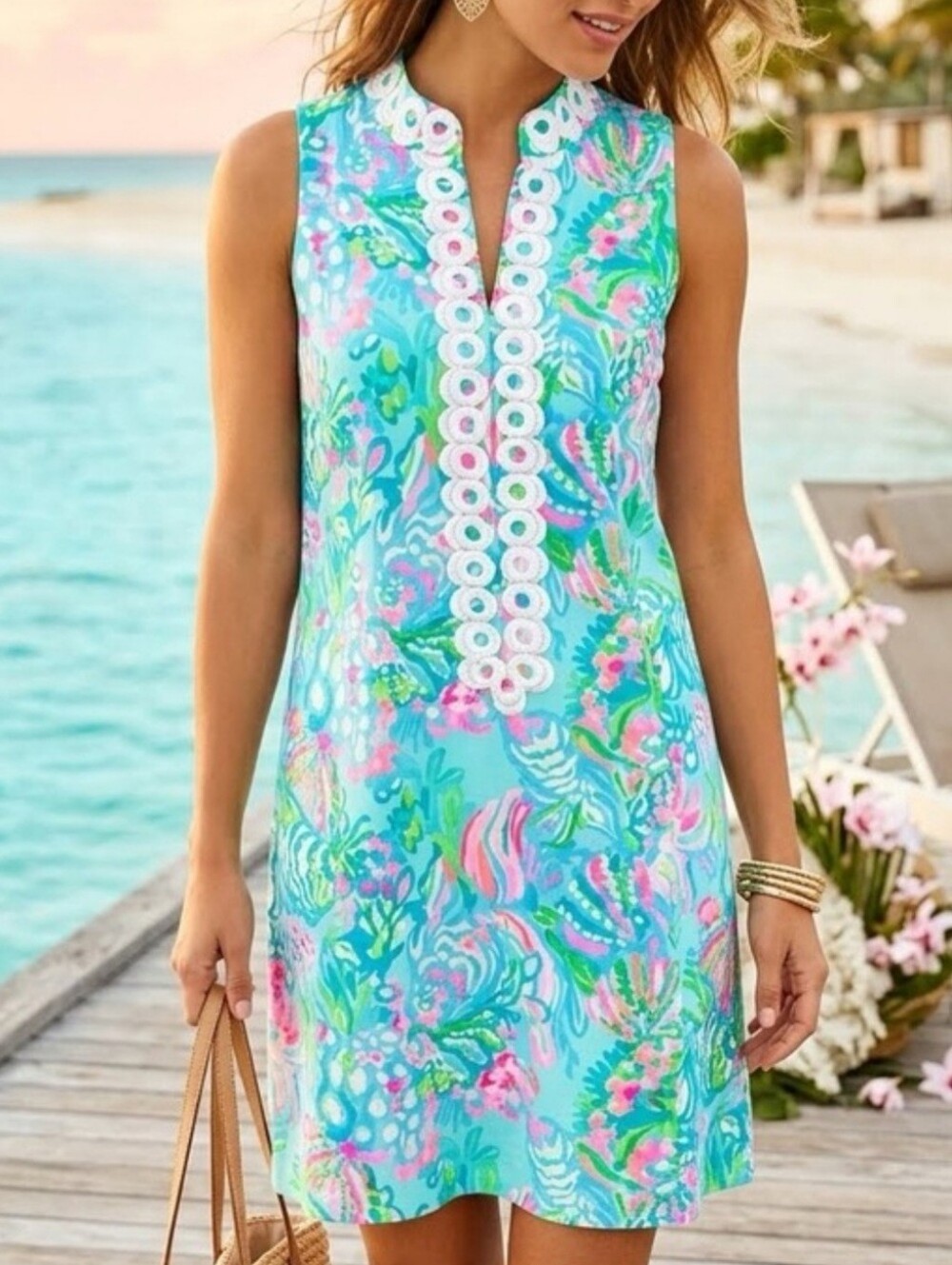 Lilly Pulitzer Jane Sleeveless Shift Dress Blue Ibiza Aqua La Vista Size 14